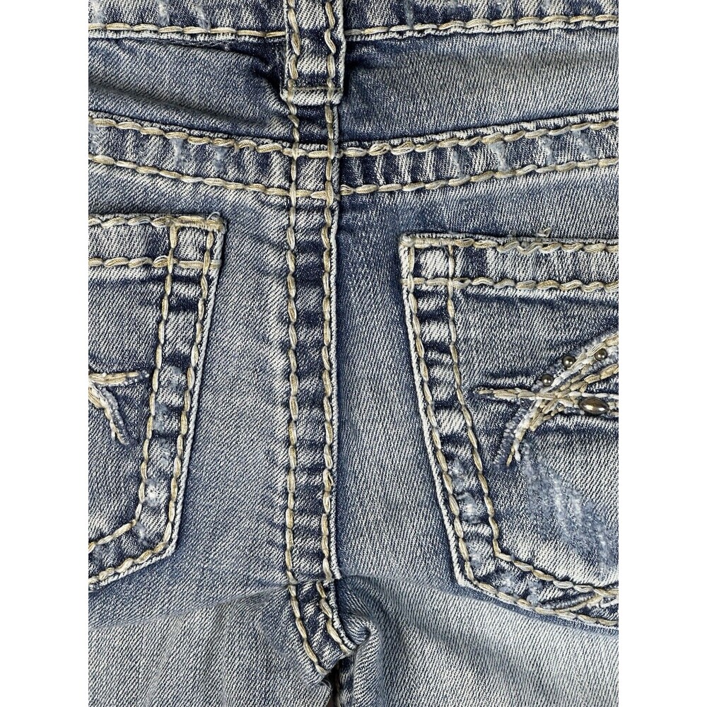 Silver Jeans Women’s 27/33 Tuesday Bootcut Flare Low-Rise Distressed Blue Denim - Picture 14 of 16